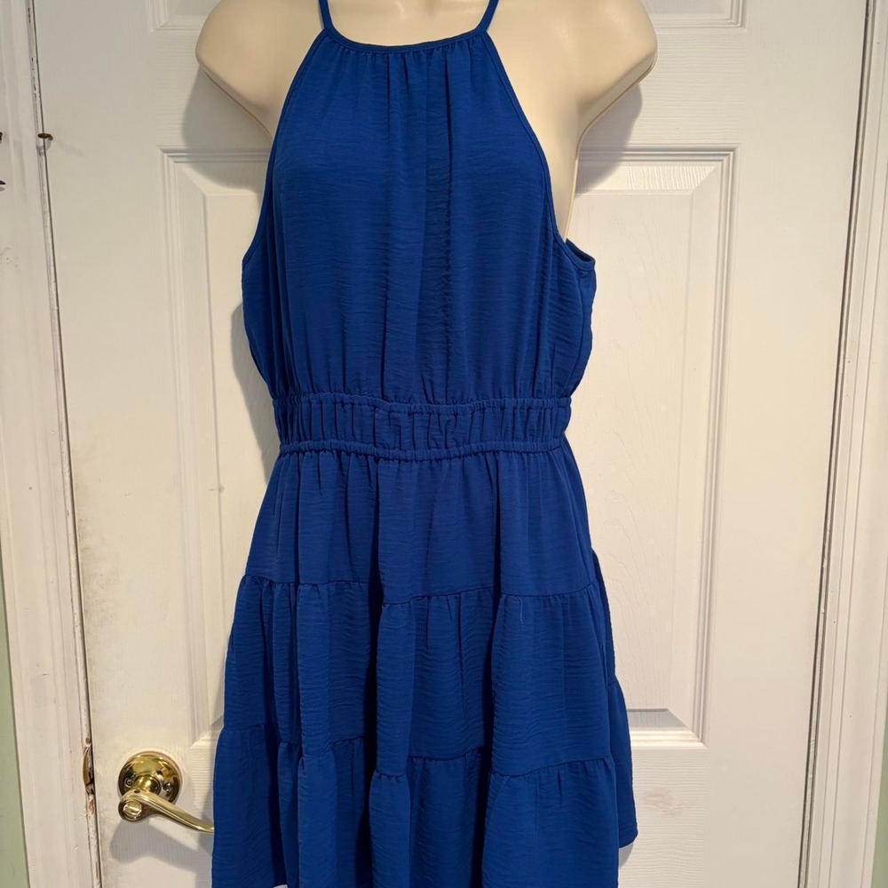 City Triangles Royal Blue Halter‎ Tiered Mini Dress Smocked Boho 2342-CS2A L